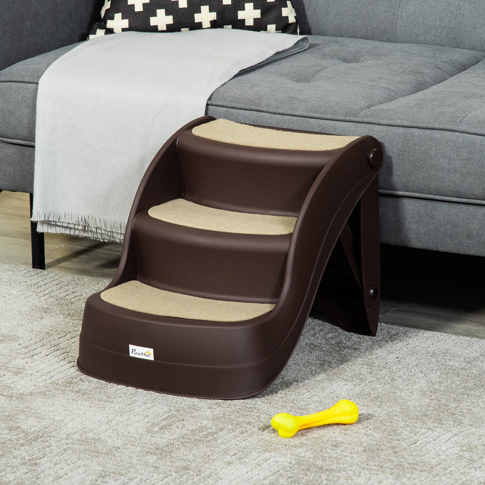 PawHut Brown 3 Steps Small Dog Foldable Pet Stairs with Non-slip Mats Image 2
