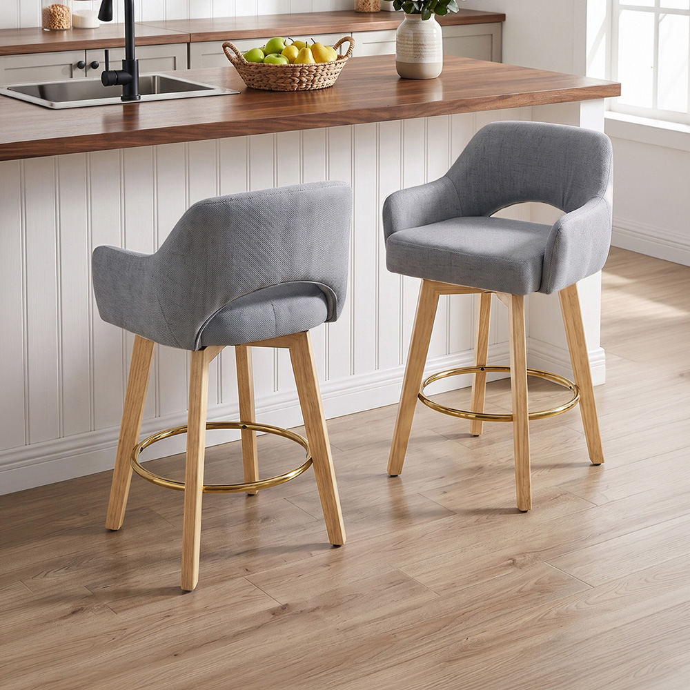 Living and Home Grey Chenille Swivel Bar Stool with Footrest Set of 2 Image 7