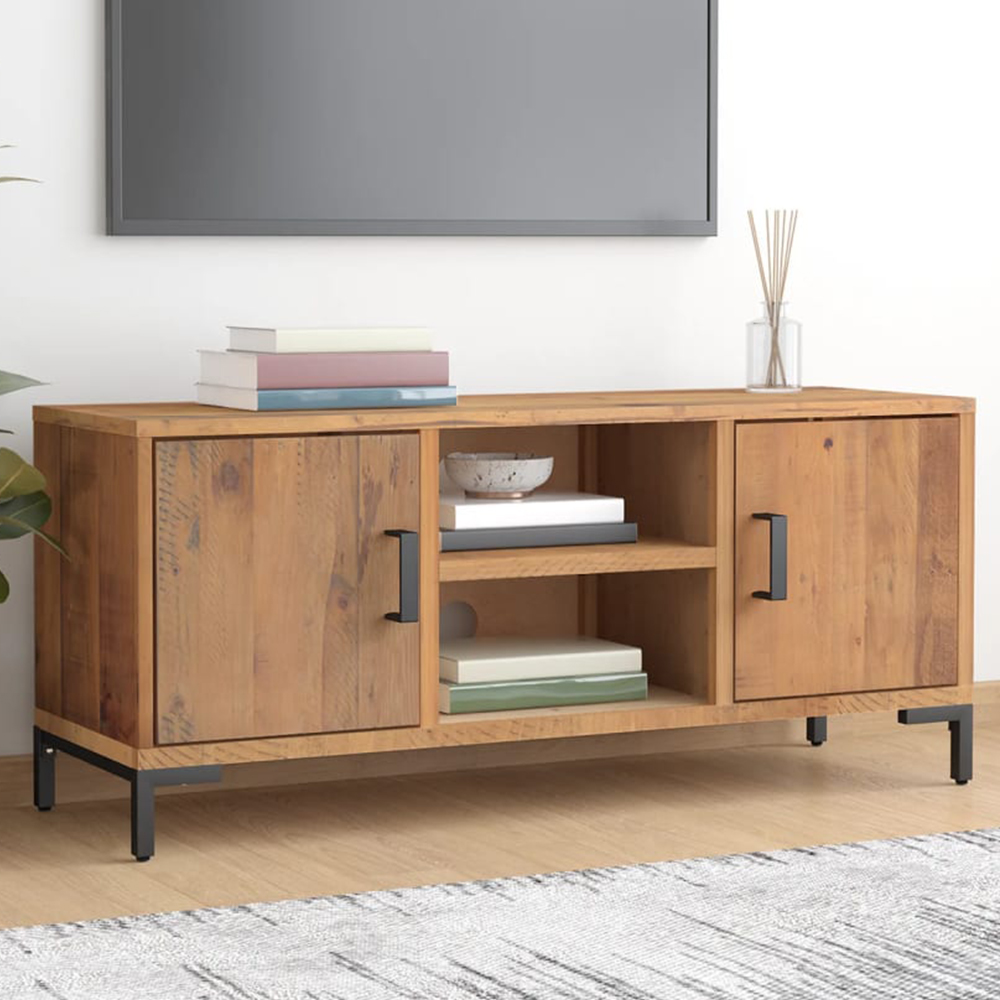 vidaXL 2 Door 2 Open Shelf Brown Solid Pinewood TV Cabinet with Black Metal Legs Image 1