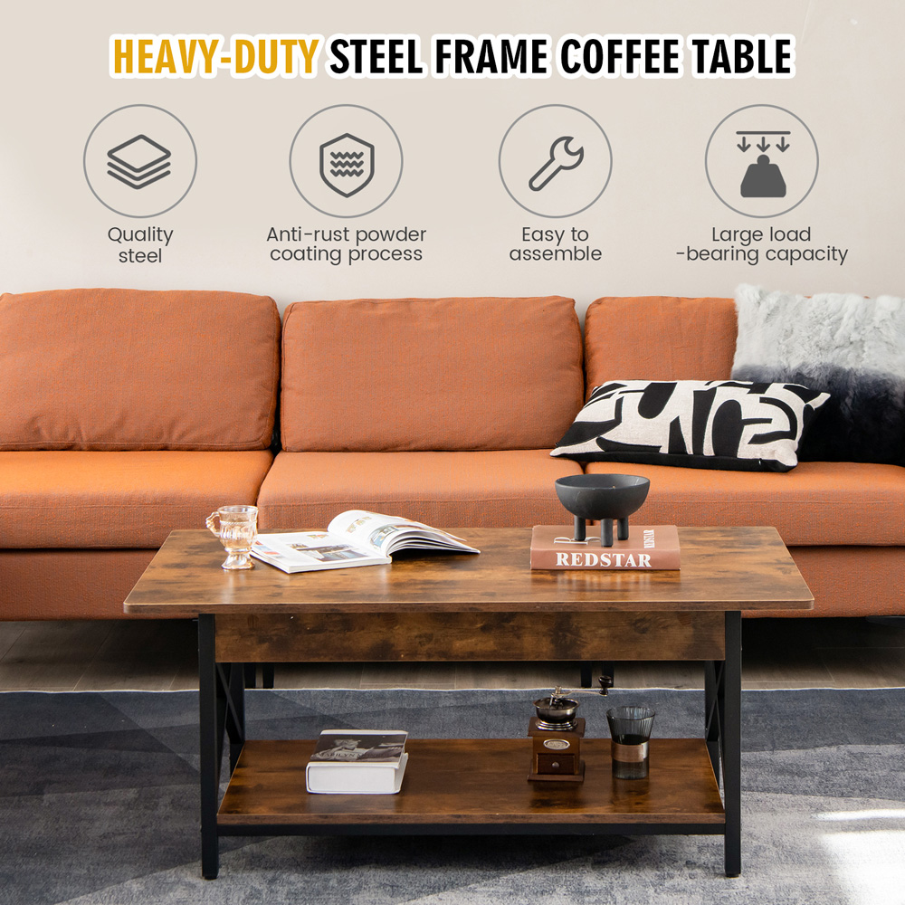 Costway Single Shelf Rustic Brown Industrial Style Coffee Table Image 6