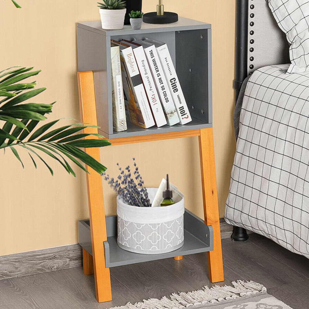 Costway Single Shelf Storage Cube Grey Bedside Table Image 1