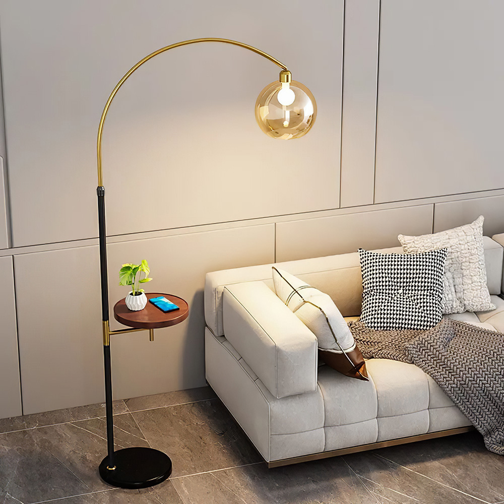 Living and Home Adjustable Arch Floor Lamp with Wood Tray Image 2