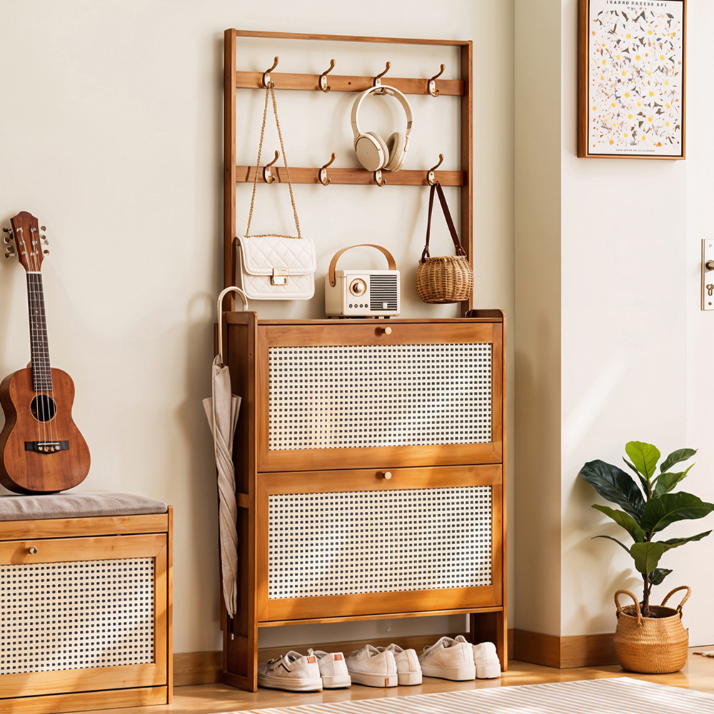 Living and Home 2 Flip Down Drawer Light Taupe Bamboo Shoe Cabinet with 8 Hooks Image 1