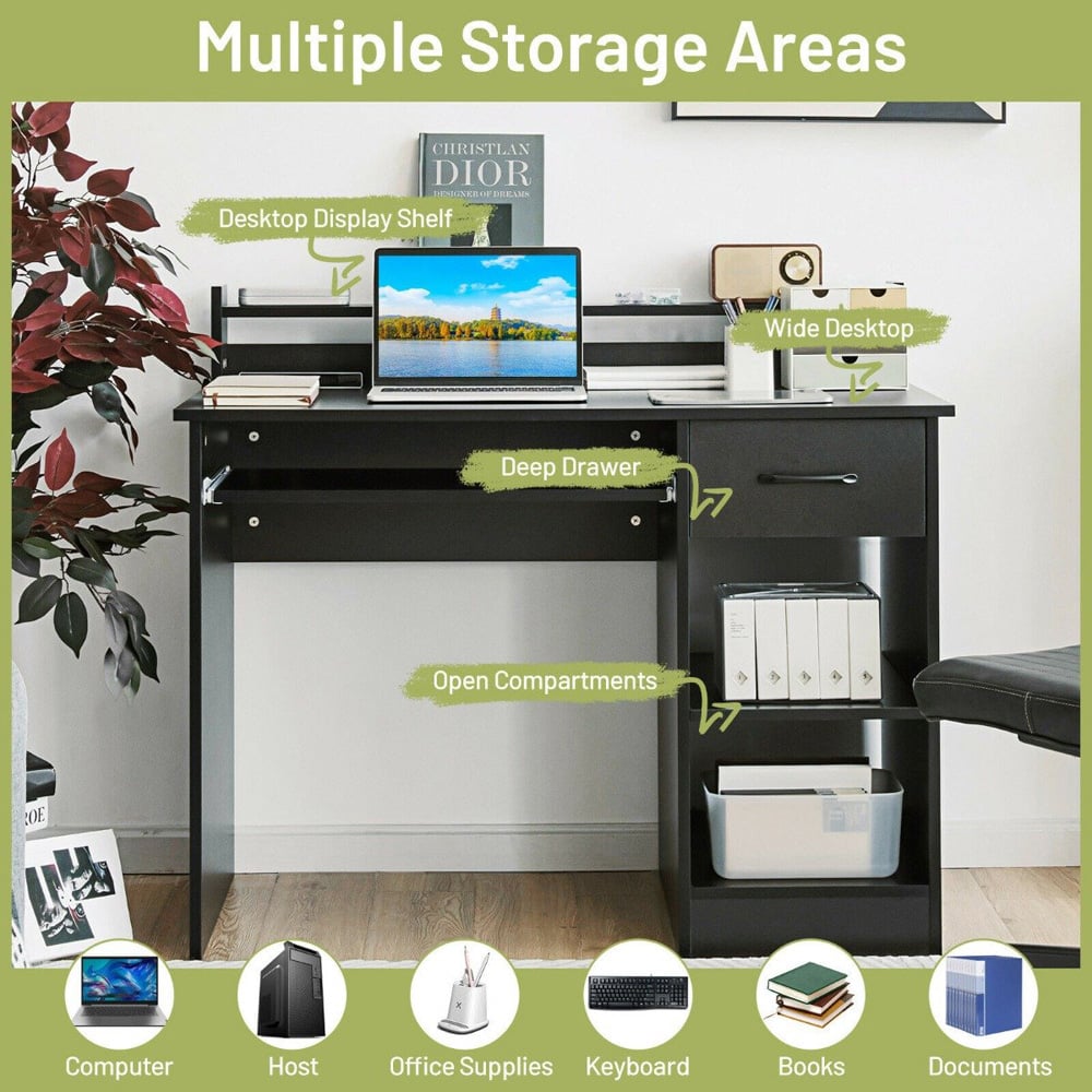 Costway Single Drawer 3 Shelf Computer Desk with Keyboard Tray Black Image 5