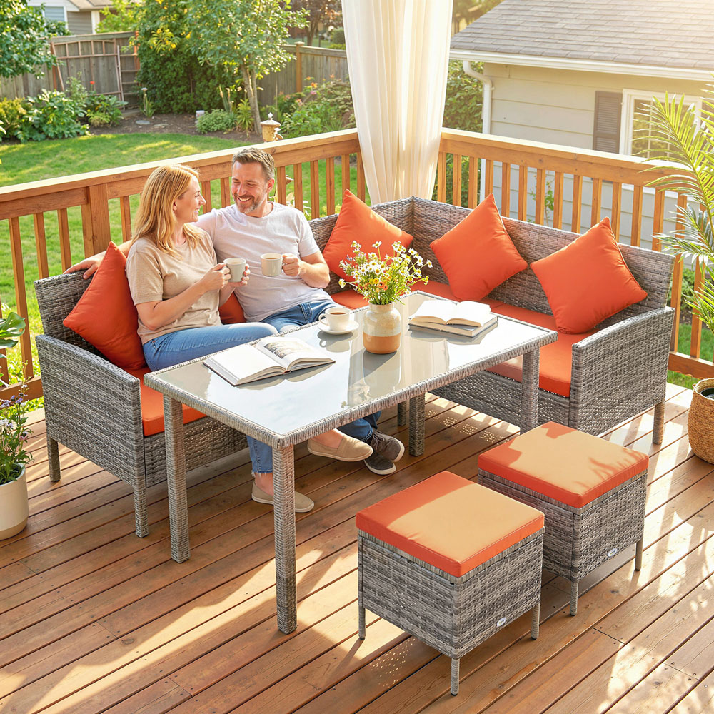 Outsunny 6 Seater Orange PE Rattan Corner Garden Dining Sofa Set Image 4