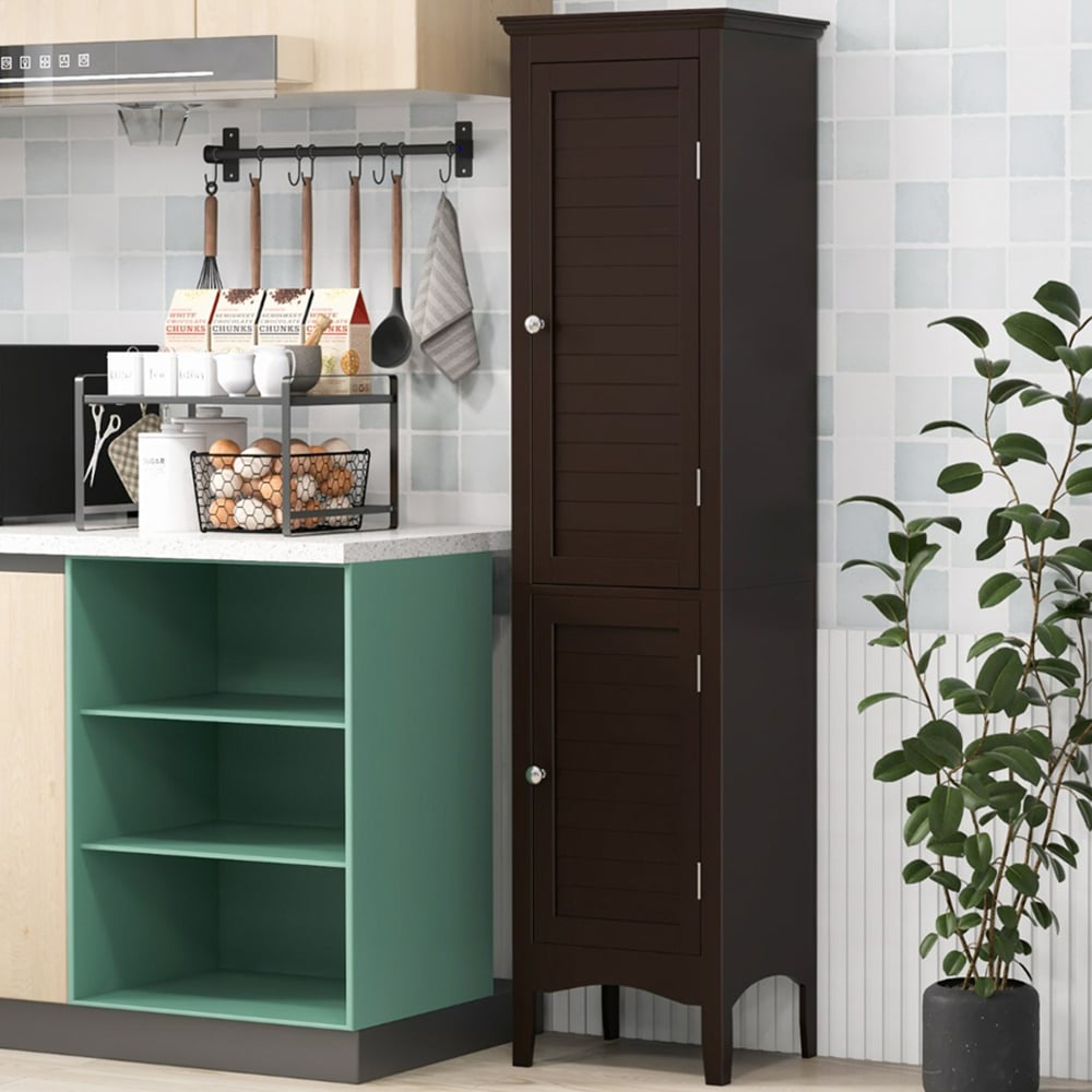 Costway 2 Door Dark Brown Tall Narrow Bathroom Cabinet Image 1