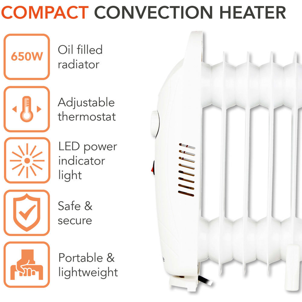 Warmlite 5 Fin White Oil Filled Radiator with Adjustable Thermostat 650W Image 2