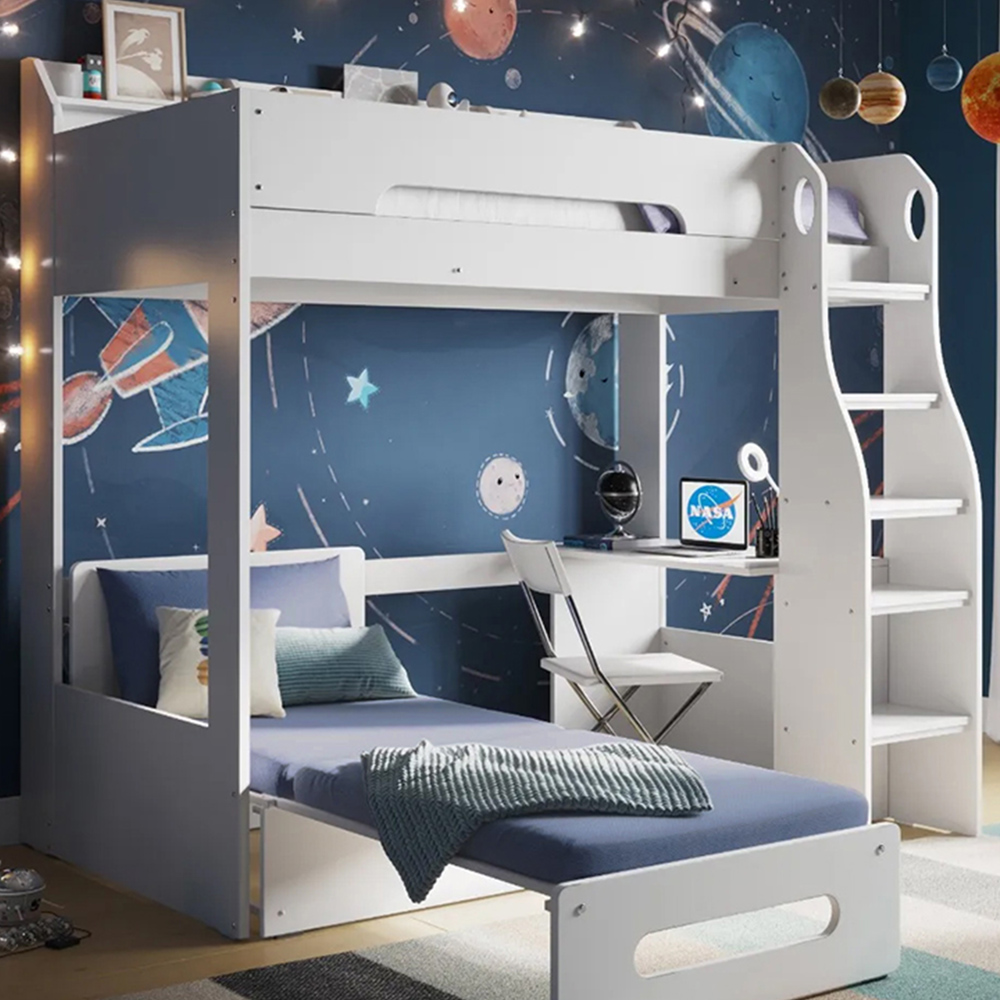 Flair Cosmic White Wooden High Sleeper with Navy Blue Futon Image 1