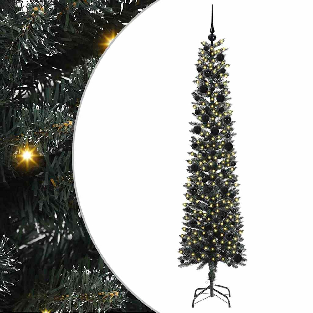 vidaXL Pre-Lit Black Baubles Green Artificial Christmas Tree 8ft Image 2