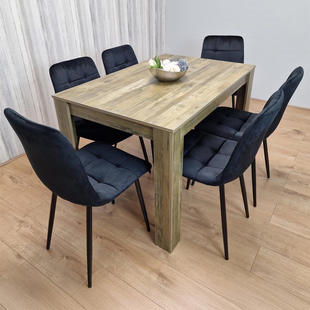 Portland 6 Seater Dining Set Rustic Effect and Black Velvet Image 1
