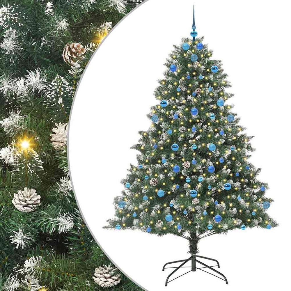 vidaXL Pre-Lit Blue Baubles Green Artificial Snow Tipped Christmas Tree 7ft Image 2