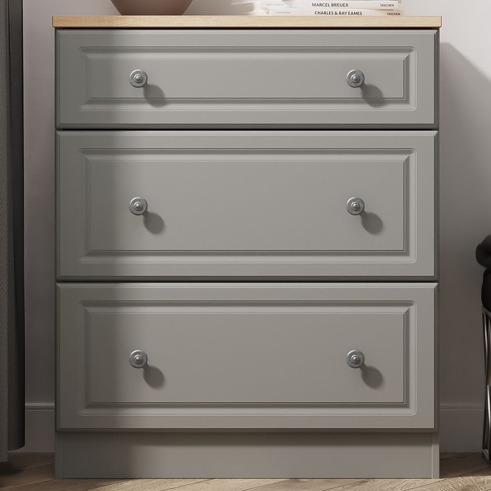Crowndale Norfolk 3 Drawer Dusk Grey and Bardolino Oak Deep Chest of Drawers Ready Assembled Image 1