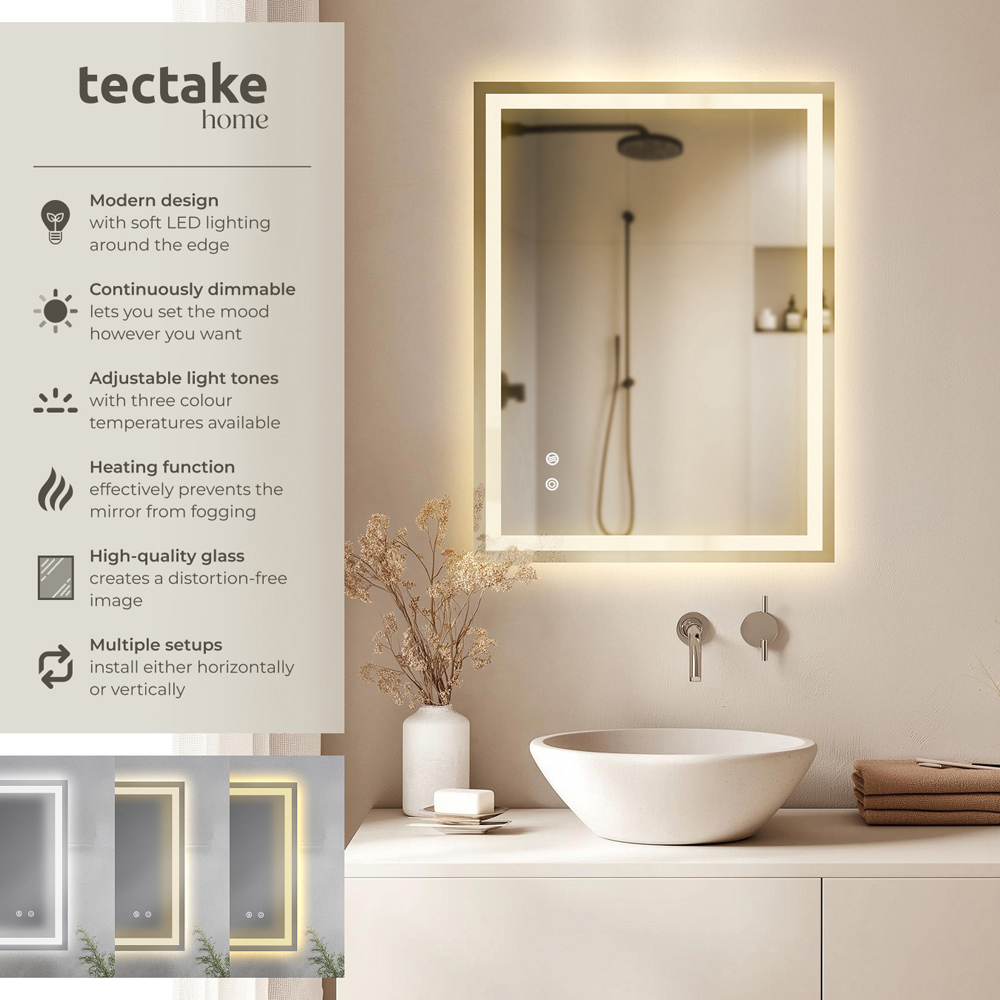 tectake Clara Multicolour Anti-Fog Frameless Rectangular LED Bathroom Wall Mirror 70 x 50cm Image 6