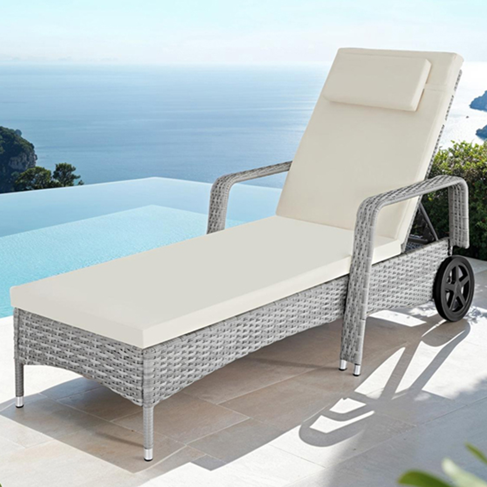 tectake Light Grey and Cream 6 Level Adjustable Sun Lounger with Soft Pillow and Wheels Image 1