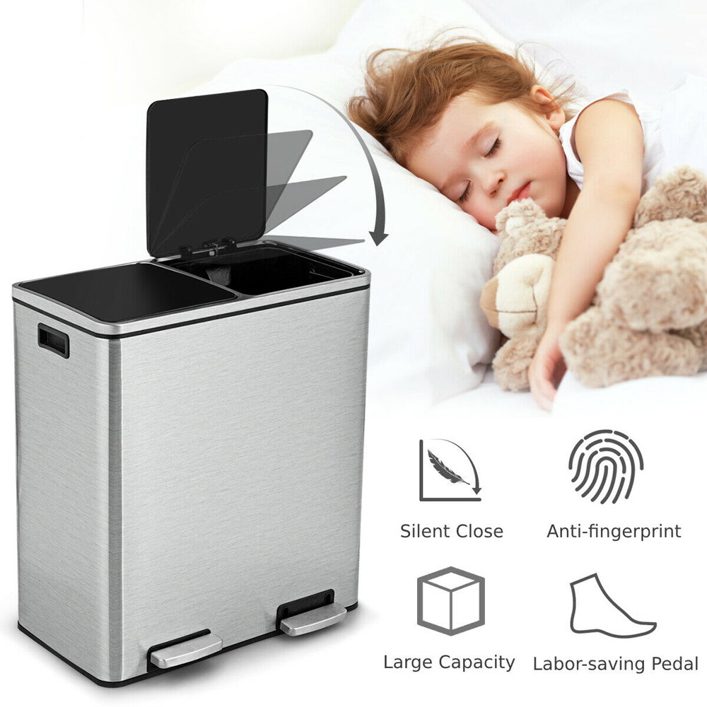 Costway Silver Double Recycle Pedal Bin with Removable Compartments 60L Image 5