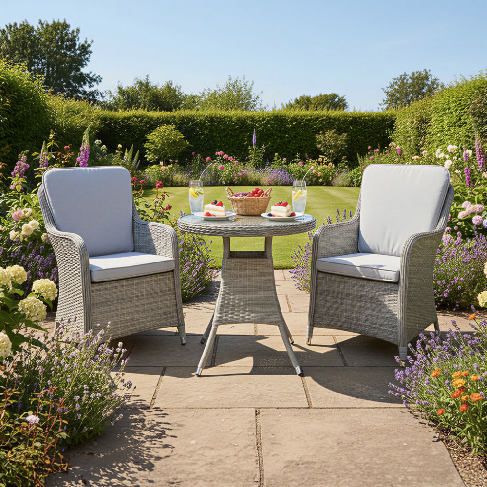 Oseasons Hampton 2 Seater Dove Grey Rattan Bistro Set with Light Grey Cushions Image 3