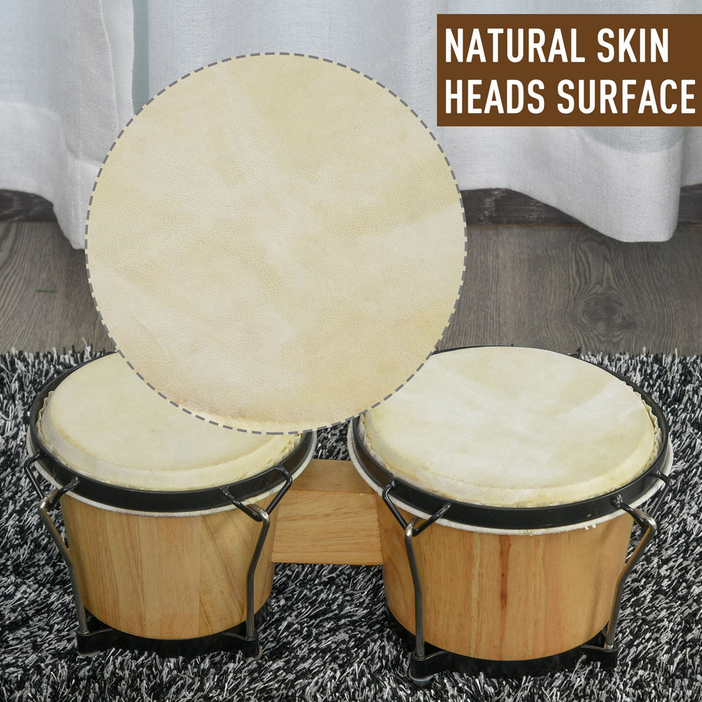 HOMCOM Sheepskin Drum Head Wooden Bongo Drum Set with Tuning Wrench and Bag Image 7
