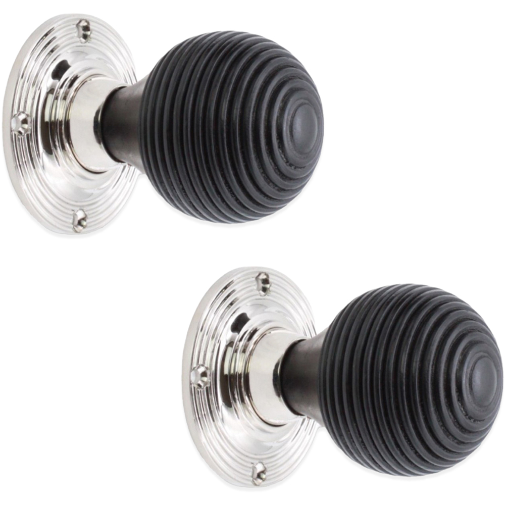 Spira Brass Polished Nickel Ebonised Beehive Rim and Mortice Door Knob 2 Pack Image 1