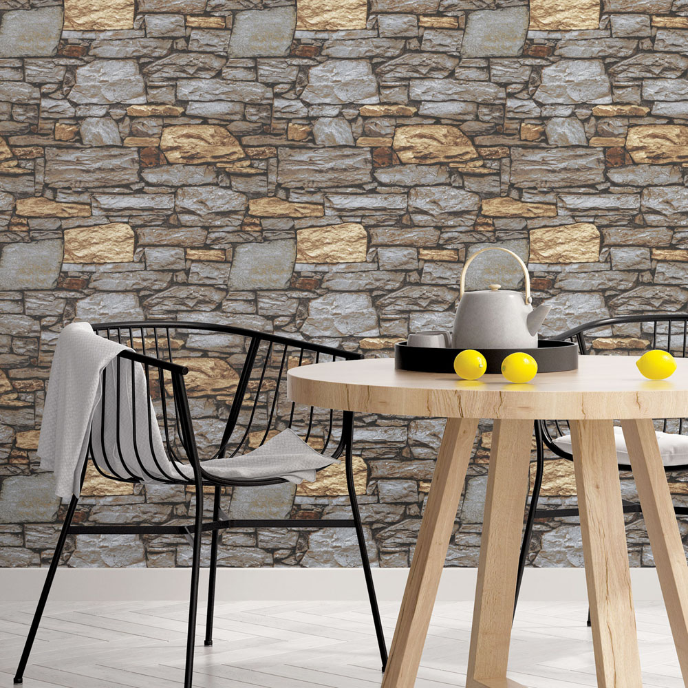 Galerie Organic Textured Faux Stone Brown Grey Wallpaper Image 2