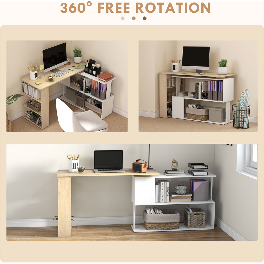HOMCOM 5 Shelf Rotatable L-Shaped Corner Desk Natural and White Image 8