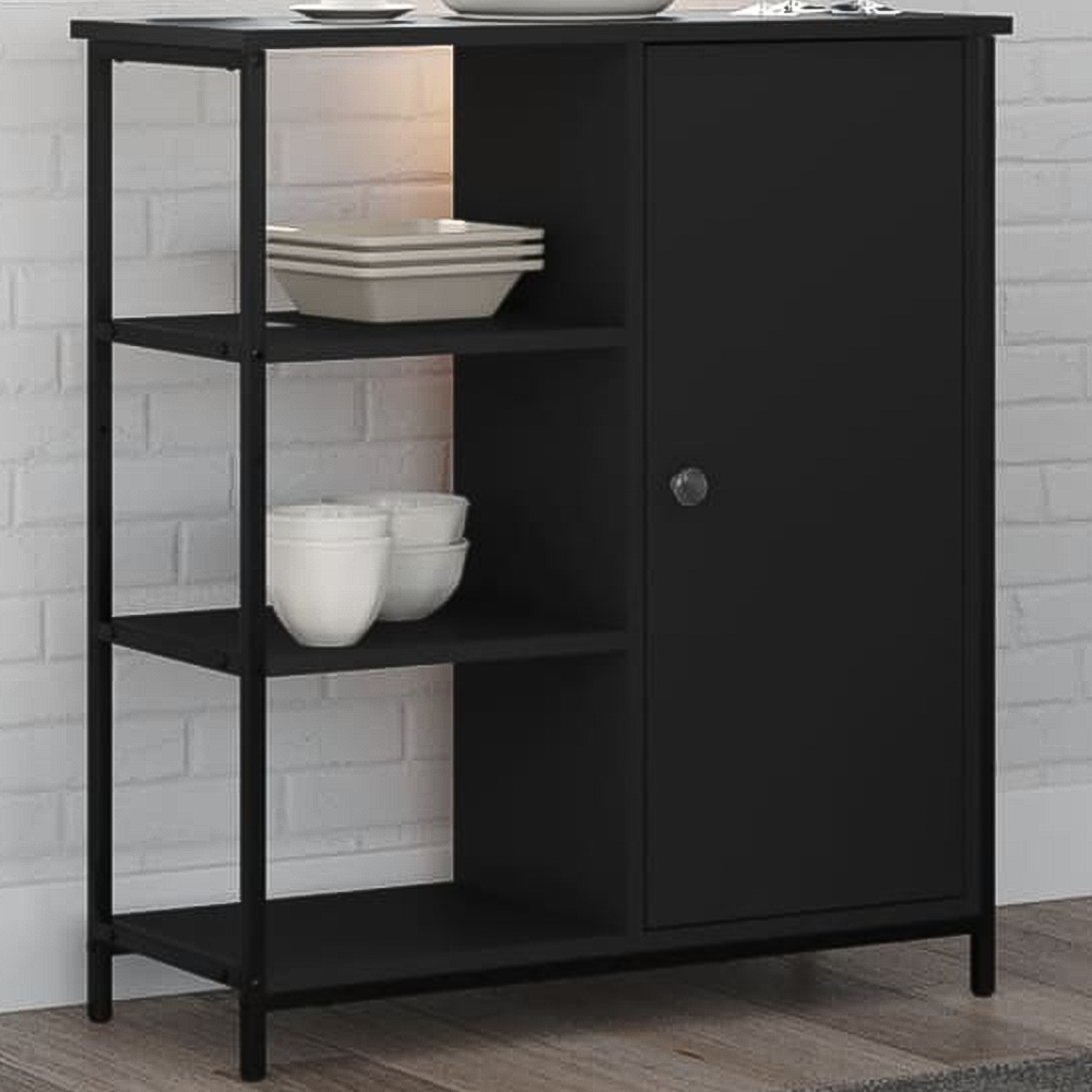 vidaXL Single Door 3 Shelf Black Wooden Sideboard Image 1