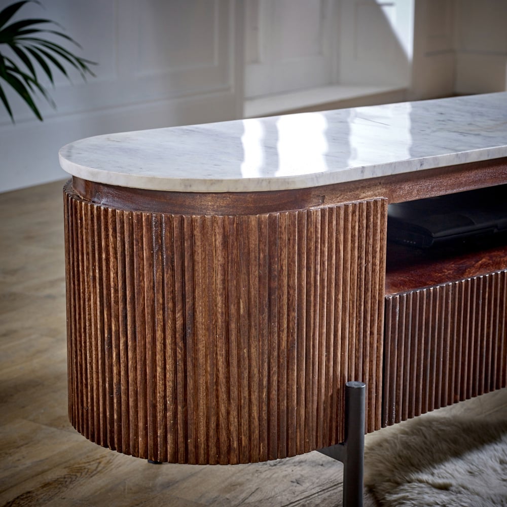 Brooklyn Opal 2 Door 3 Drawer Single Shelf Marble Top Mango Wood TV Unit Image 4