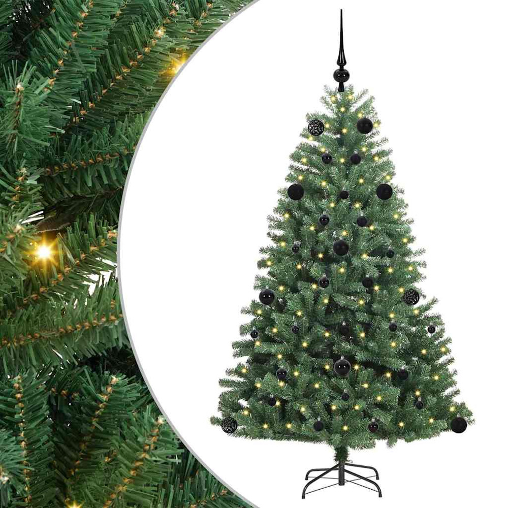 vidaXL Pre-Lit Black Baubles Green Artificial Hinged Christmas Tree 5ft Image 2