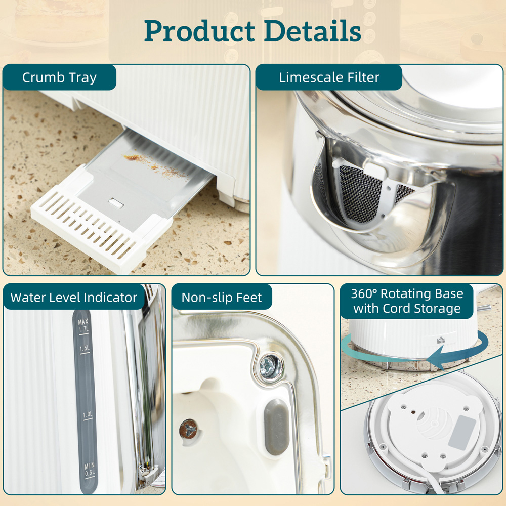 HOMCOM 800-266V70WT White 1.7L Rapid Boil Kettle 3000W and 4 Slice Toaster Set Image 3