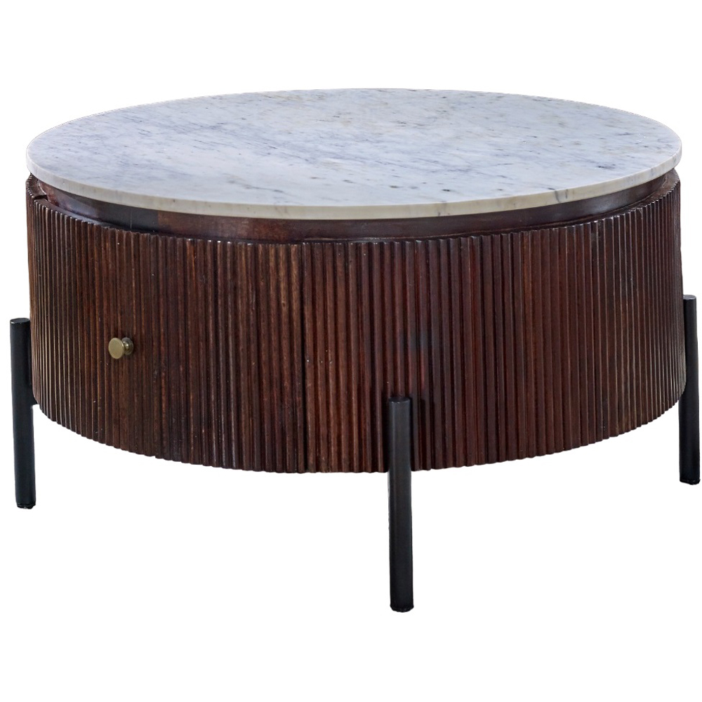 Brooklyn Opal Single Drawer Marble Top Mango Wood Round Fluted Coffee Table Image 2