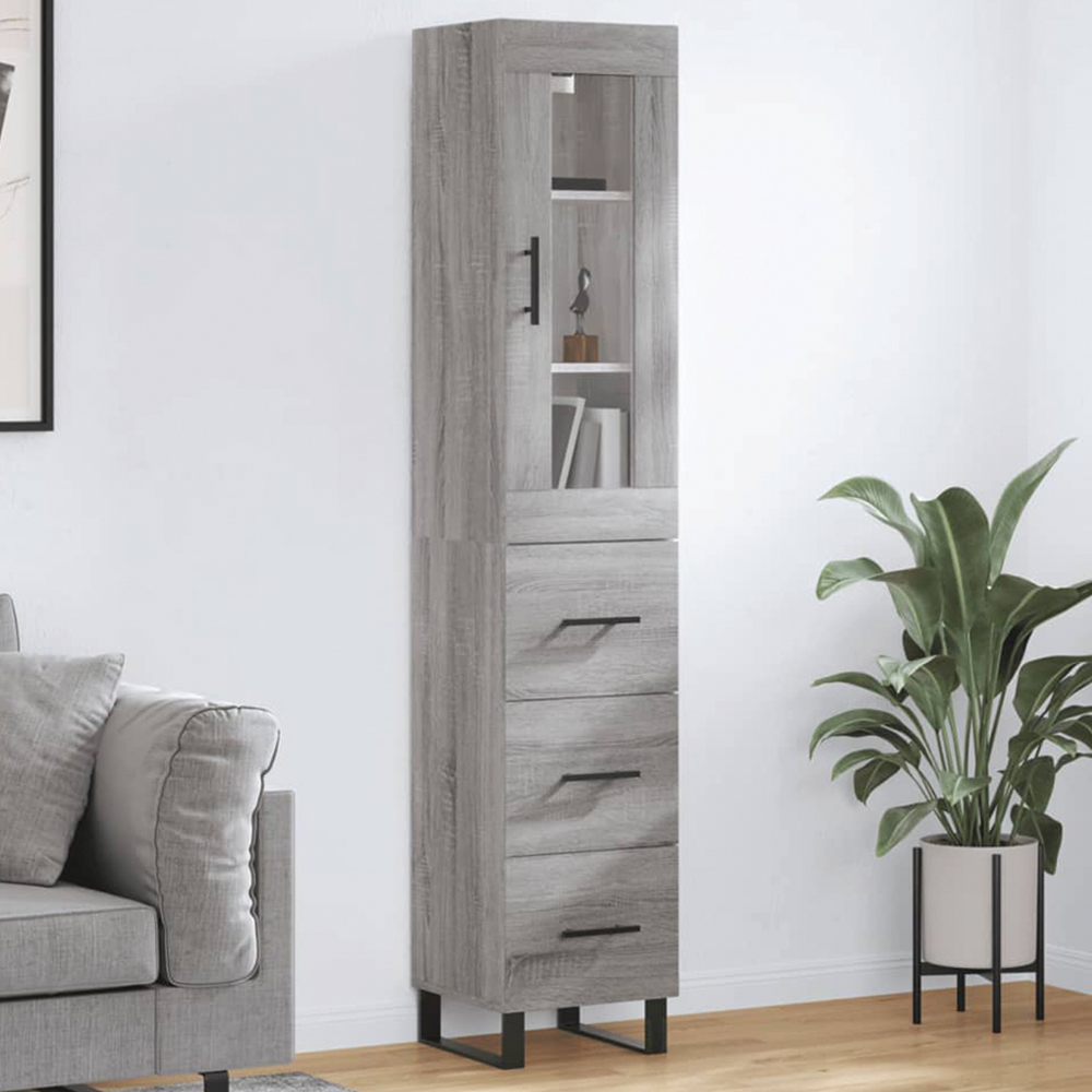 vidaXL Single Glass Door 3 Drawer Grey Sonoma Tall Highboard with Metal Legs Image 1