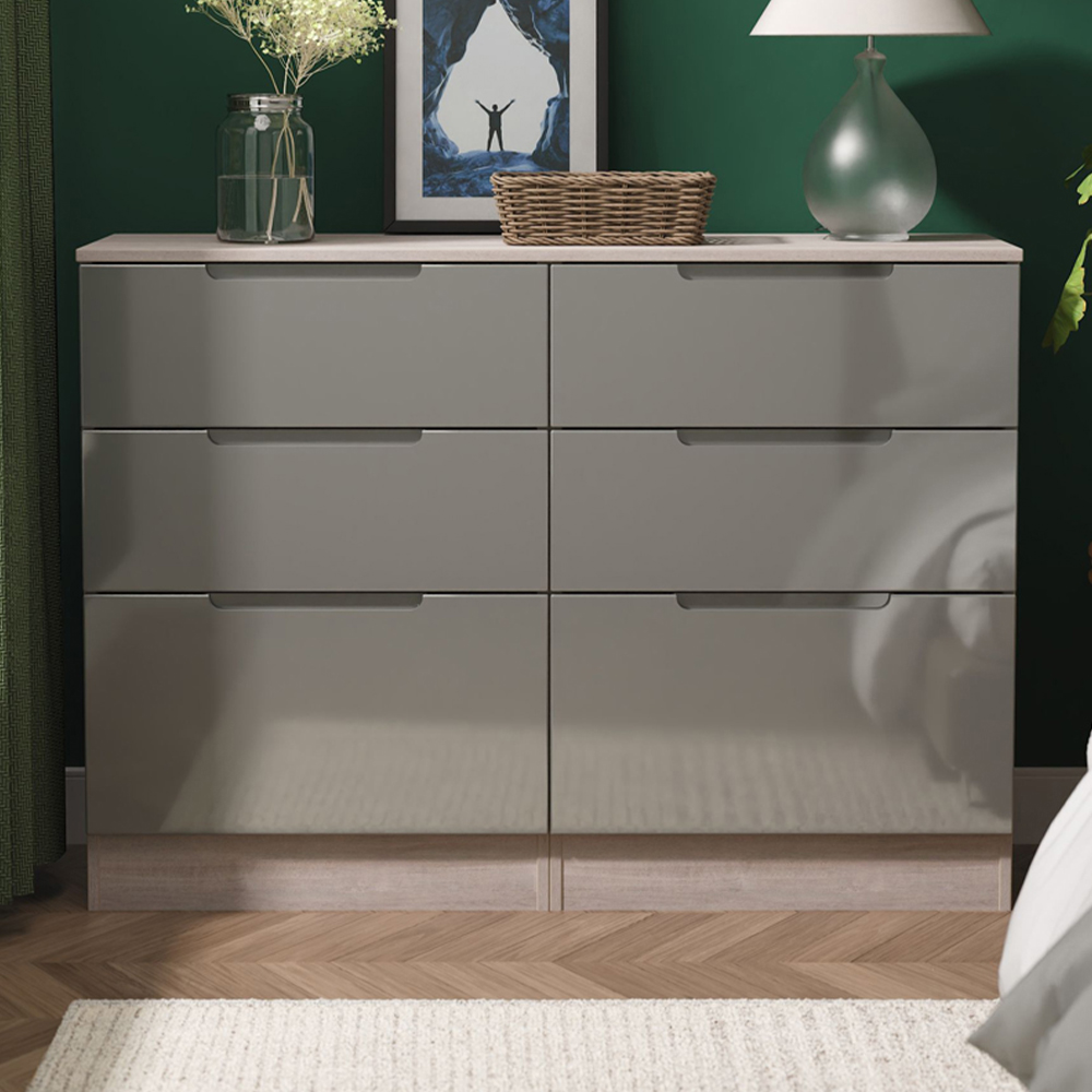Crowndale Milan 6 Drawer Grey Gloss and Grey Oak Wide Chest of Drawers Ready Assembled Image 1
