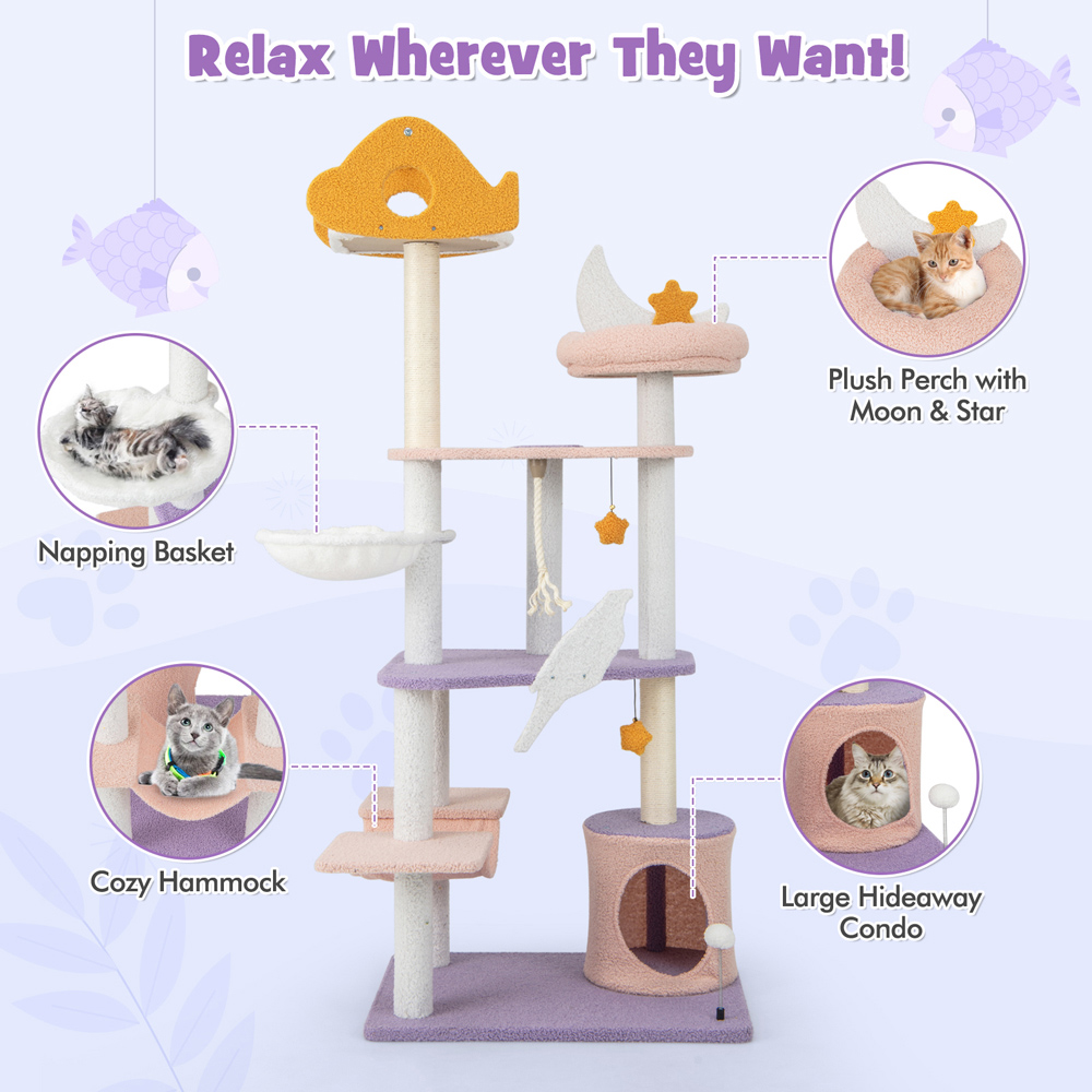 Costway Purple Multi Level Cat Tower with Sisal Covered Scratching Posts 167cm Image 7