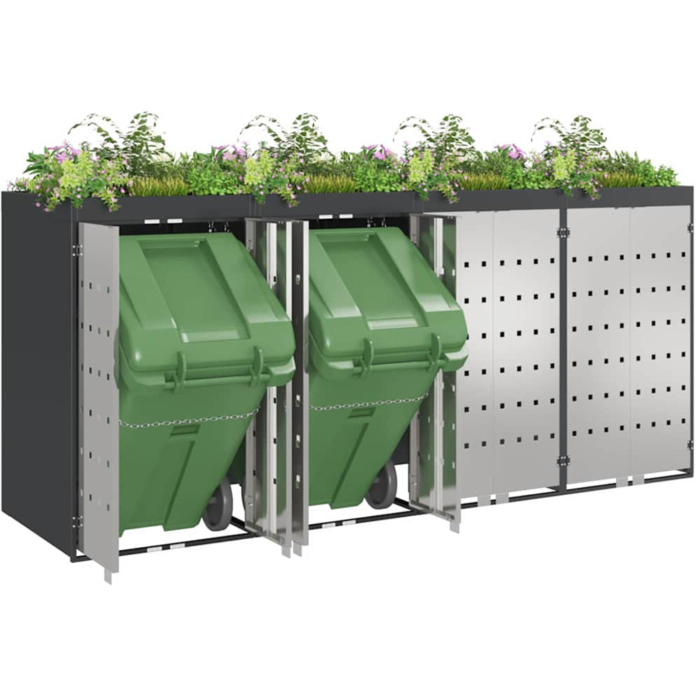 vidaXL Anthracite 4 Wheelie Bin Storage Shed with Stainless Steel Door and Planter Roof Image 3