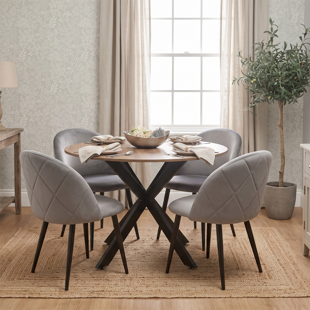 Kosy Koala 4 Seater Wood Effect Velvet Round Dining Set Grey Image 1