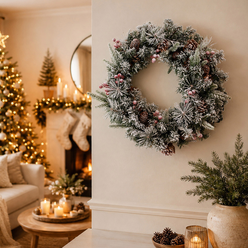 Abrihome 35 Warm White LED Snow Flocked Artificial Christmas Wreath with Tips and Pinecones 50cm Image 2