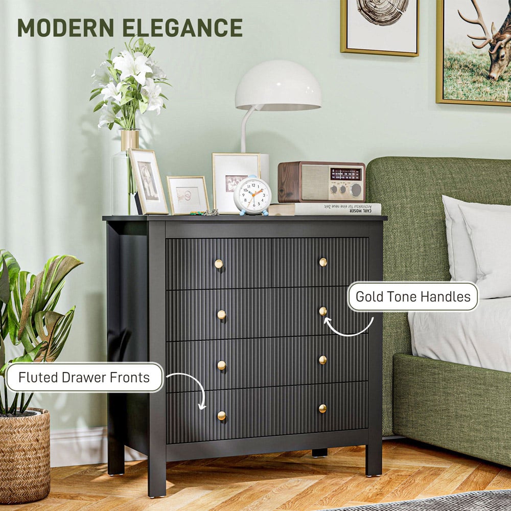Portland 5 Drawer Black Fluted Chest of Drawers with Gold Tone Handles Image 7