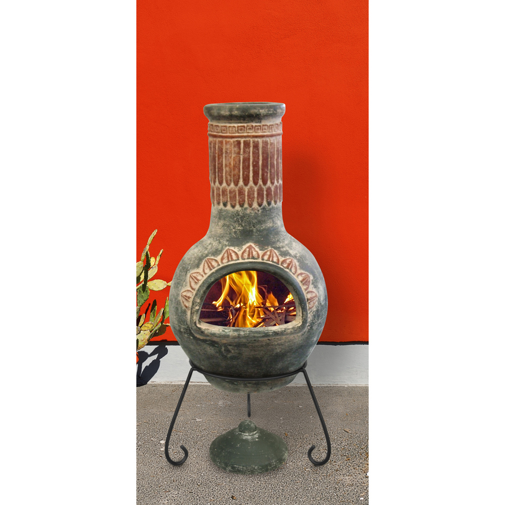 Gardeco Plumas Large Quetzacoatl Green Mexican Chimenea with Stand and Lid Image 3