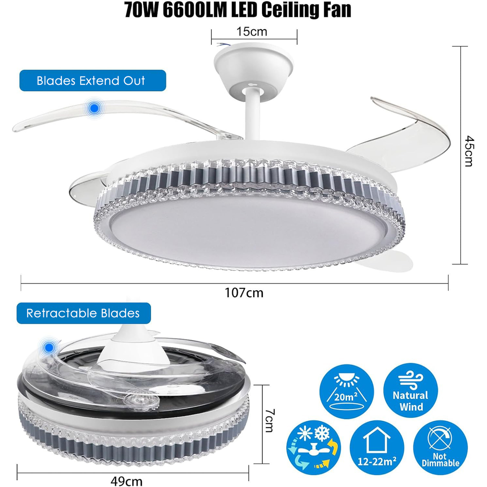 ExtraStar Retractable Blades LED Ceiling Fan Light with Remote 42 inch Image 7