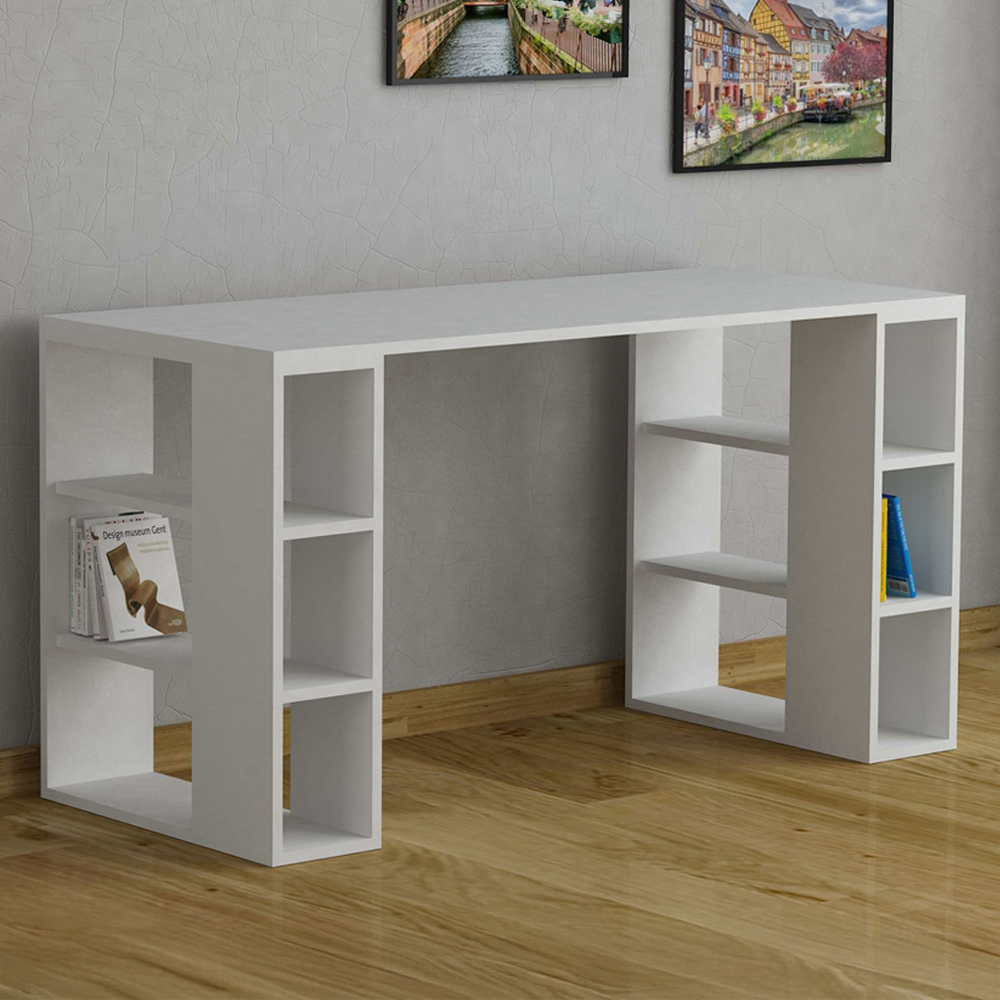 Decortie Colmar 6 Shelf Modern Desk with Bookshelf White Image 1