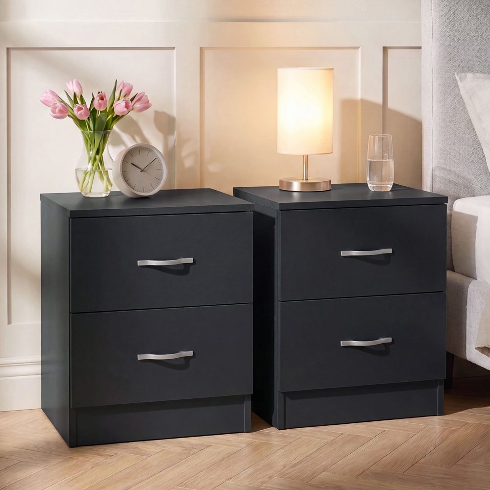 Vida Designs Riano 2 Drawer Black Melamine Finish Bedside Table Set of 2 Image 1