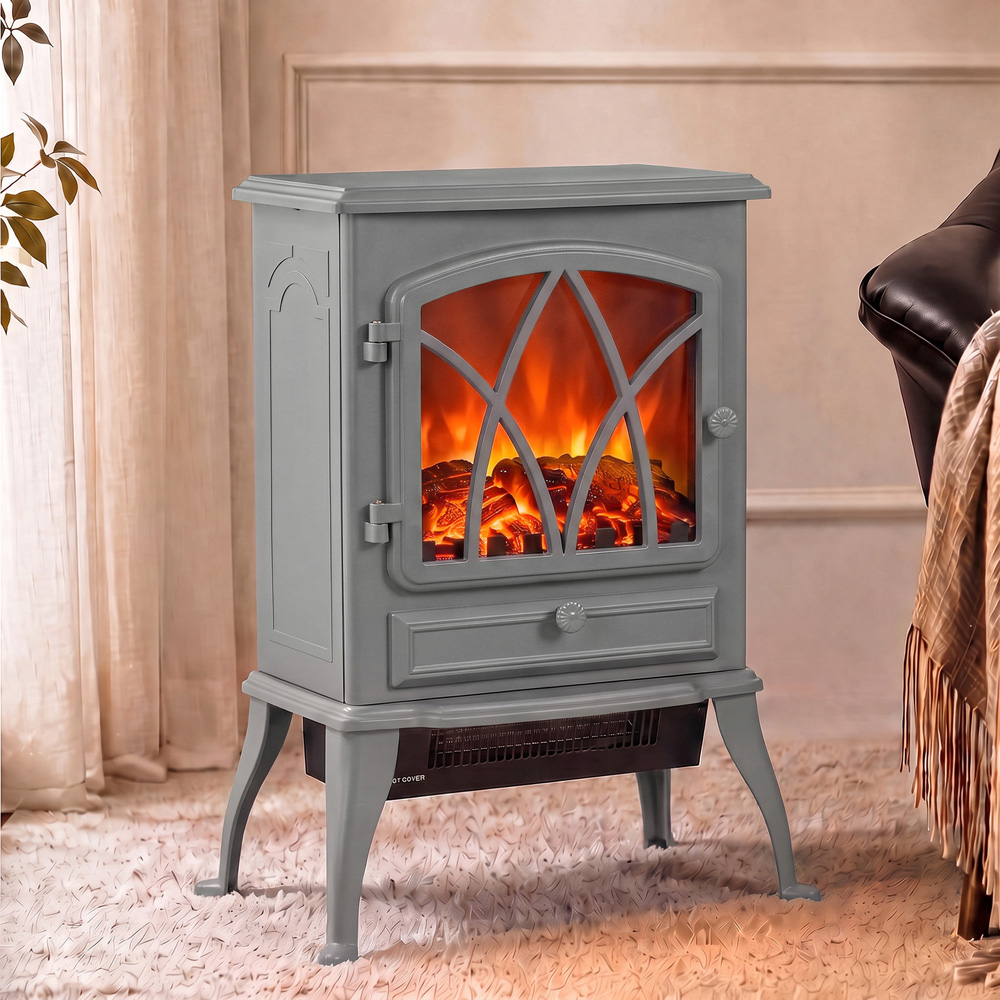 HOMCOM Grey Freestanding Fireplace Log Burner with LED Flame Effect Image 2