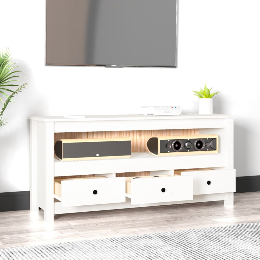 vidaXL 3 Drawer Single Shelf White Solid Pine Wood TV Cabinet Image 8