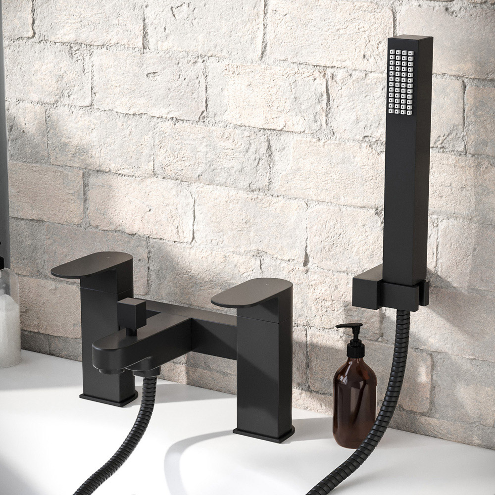 Nes Home Kento Matte Black Square Bath Shower Mixer Tap with Handheld Image 2