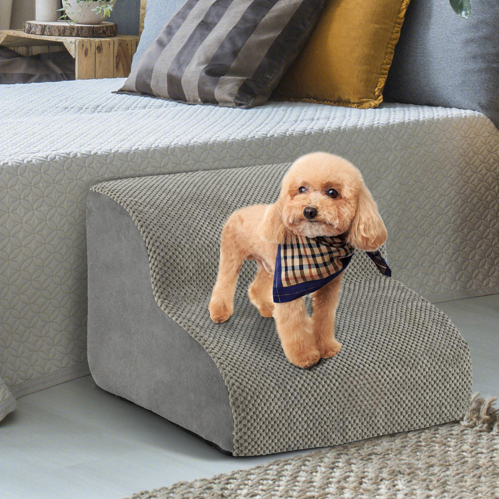 Costway Grey 2 Tier Dog Ramp Pet Stair with Washable Cover Image 2