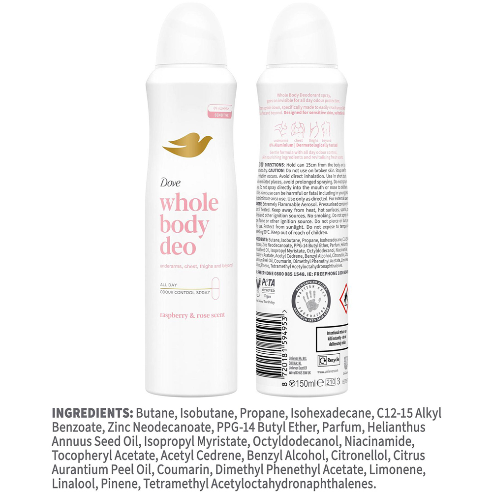 Dove Whole Body Raspberry and Rose Odour Protection Deodorant Spray 150ml 6 Pack Image 9