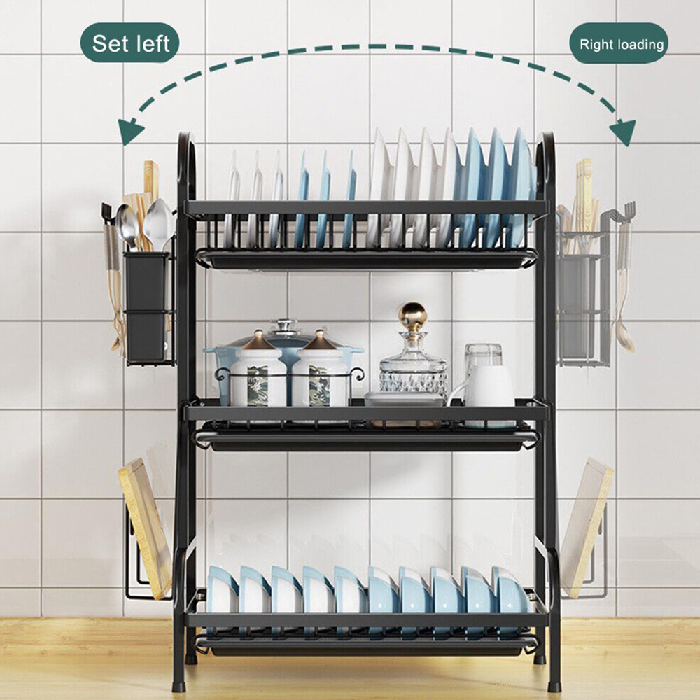 ATEK 3-Tier Black Dish Drying Rack with Drip Trays Cutlery and Chopping Board Holder Image 2