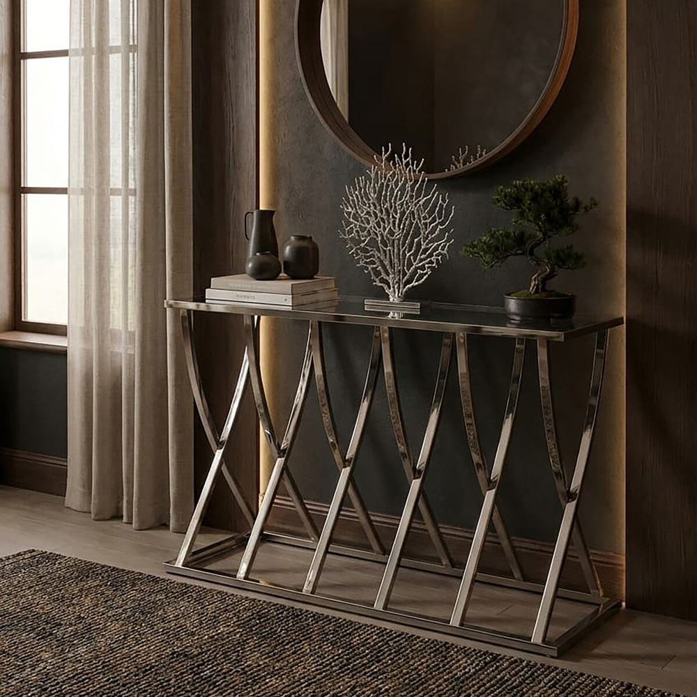 Premier Housewares Silver Chrome Finish Glass Top Console Table Image 4