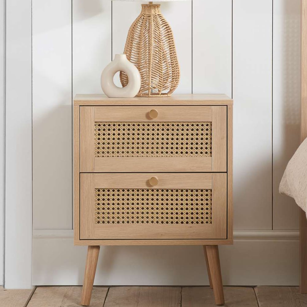 Croxley 2 Drawer Oak Rattan Bedside Cabinet Image 1