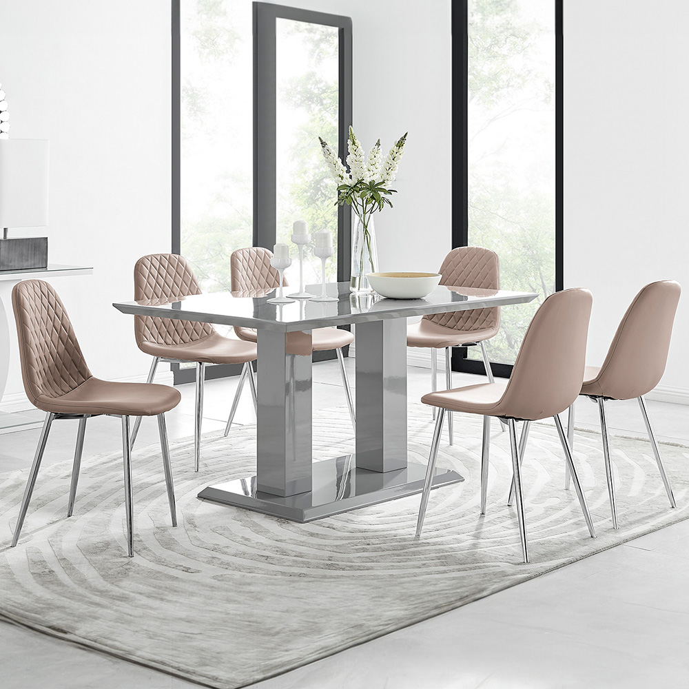 Furniturebox Molini Solara 6 Seater Dining Set Grey High Gloss and Cappuccino and Silver Image 1