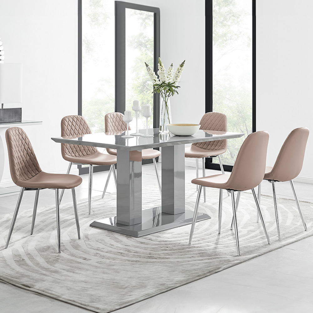 Furniturebox Molini Solara 6 Seater Dining Set Grey Gloss Cappuccino and Chrome Image 1